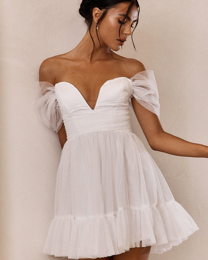 White Off-Shoulder Lace-Up Back Mini Dress