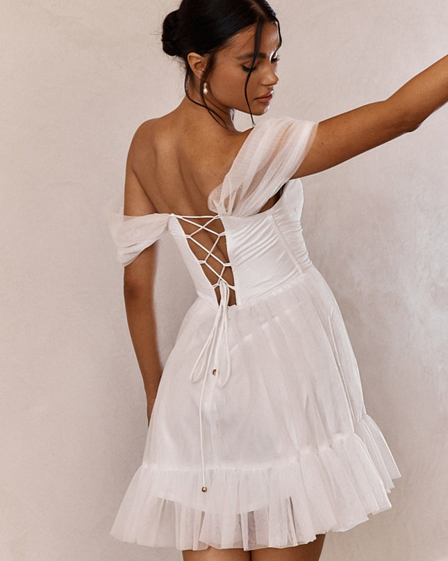 White Off-Shoulder Lace-Up Back Mini Dress