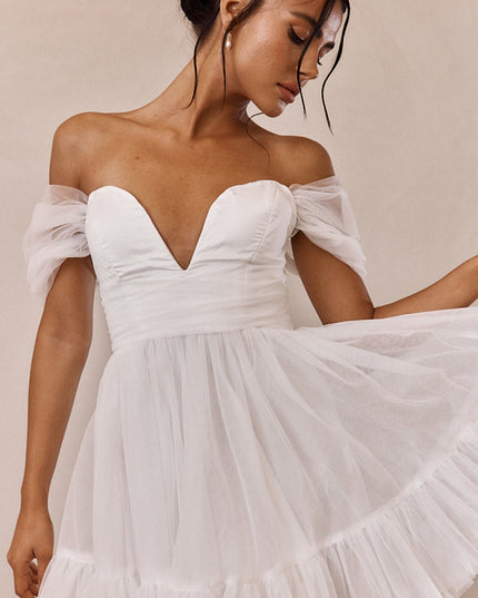 White Off-Shoulder Lace-Up Back Mini Dress