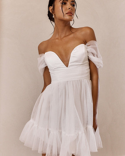 White Off-Shoulder Lace-Up Back Mini Dress