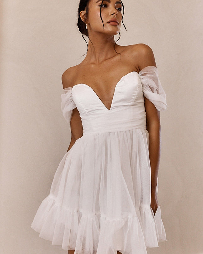 White Off-Shoulder Lace-Up Back Mini Dress