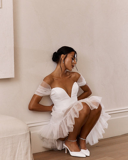 White Off-Shoulder Lace-Up Back Mini Dress