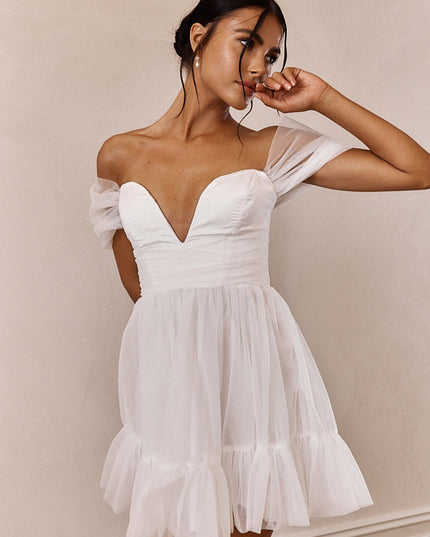 White Off-Shoulder Lace-Up Back Mini Dress