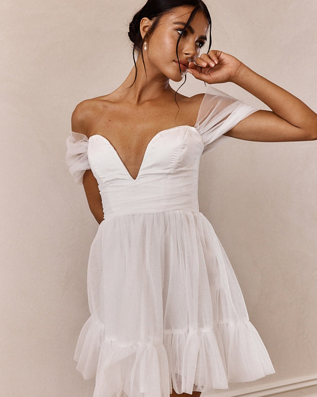 White Off-Shoulder Lace-Up Back Mini Dress