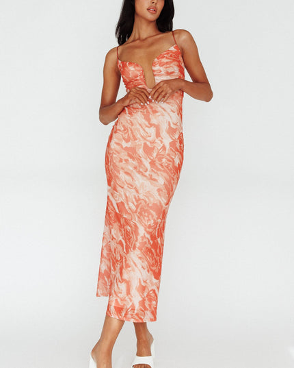 Orange U-Neckline Midi Dress Marbled