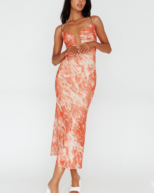Orange U-Neckline Midi Dress Marbled