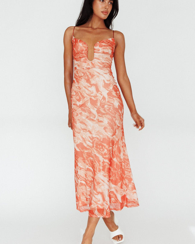 Orange U-Neckline Midi Dress Marbled