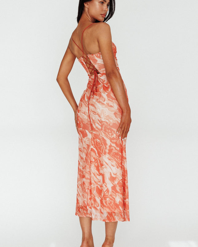 Orange U-Neckline Midi Dress Marbled