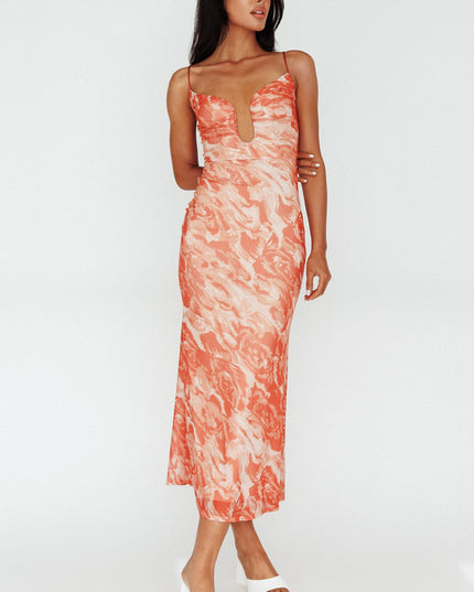 Orange U-Neckline Midi Dress Marbled