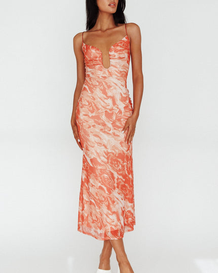 Orange U-Neckline Midi Dress Marbled