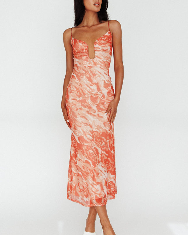Orange U-Neckline Midi Dress Marbled