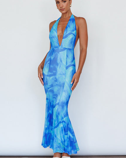 Blue Halterneck Maxi Dress Printed