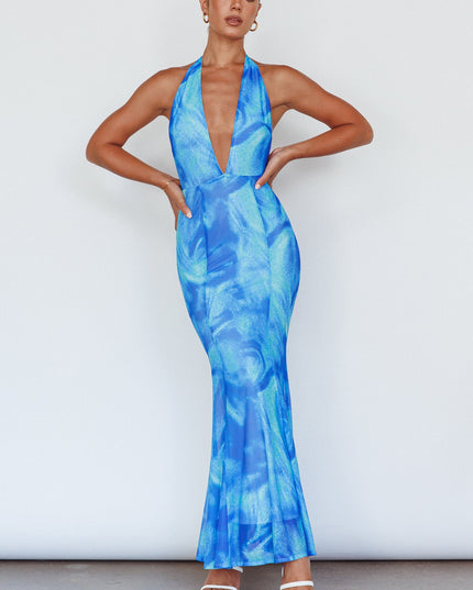 Blue Halterneck Maxi Dress Printed
