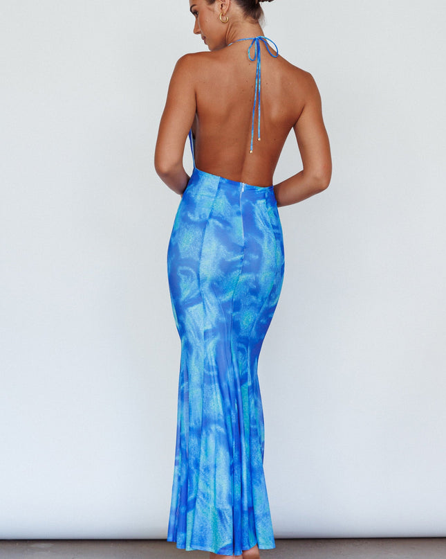 Blue Halterneck Maxi Dress Printed