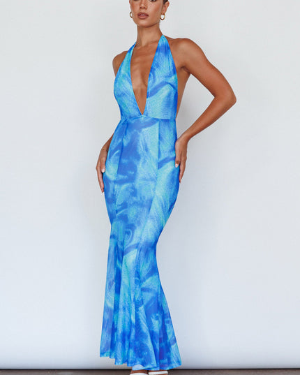 Blue Halterneck Maxi Dress Printed