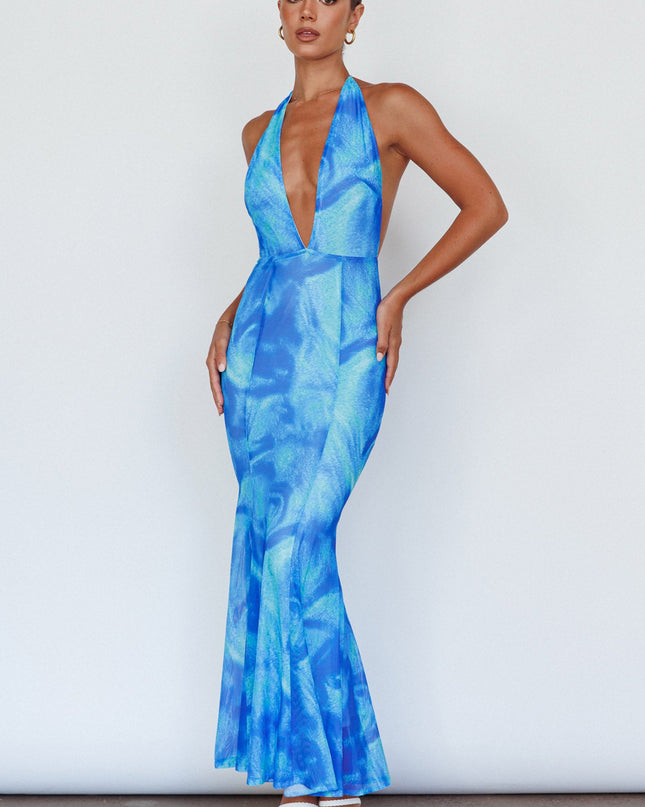 Blue Halterneck Maxi Dress Printed