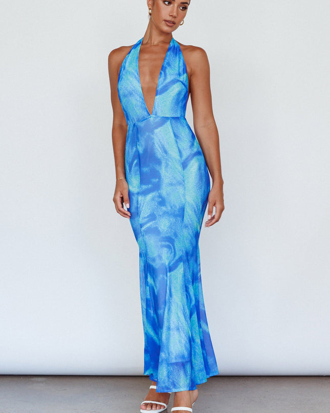 Blue Halterneck Maxi Dress Printed