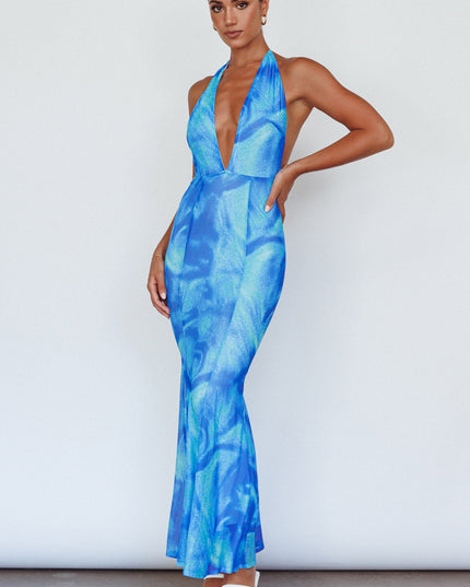 Blue Halterneck Maxi Dress Printed