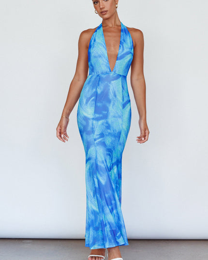 Blue Halterneck Maxi Dress Printed