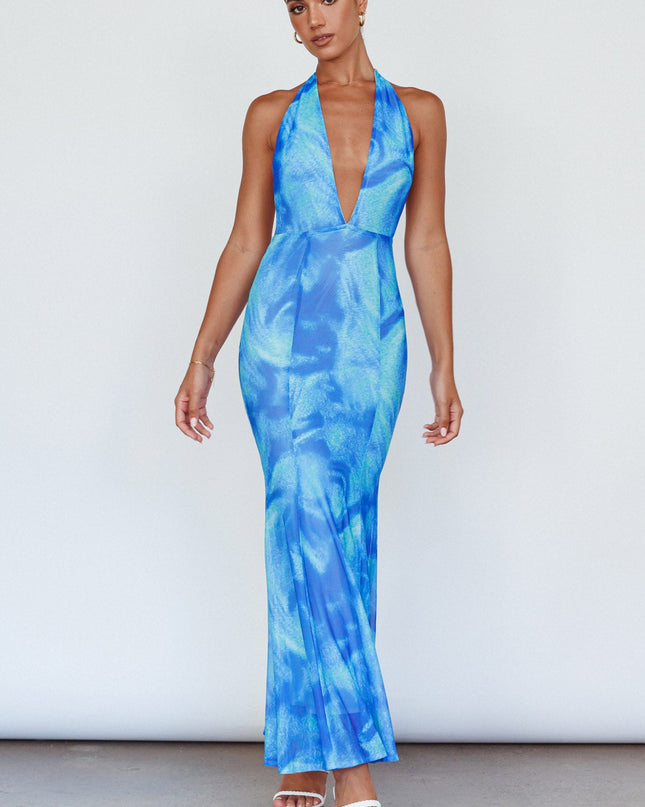 Blue Halterneck Maxi Dress Printed