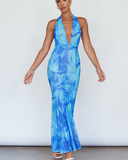 Blue Halterneck Maxi Dress Printed
