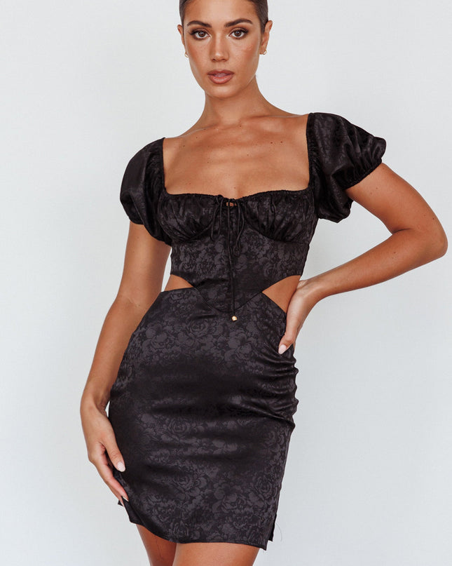 Black Puff Sleeve Jacquard Mini Dress