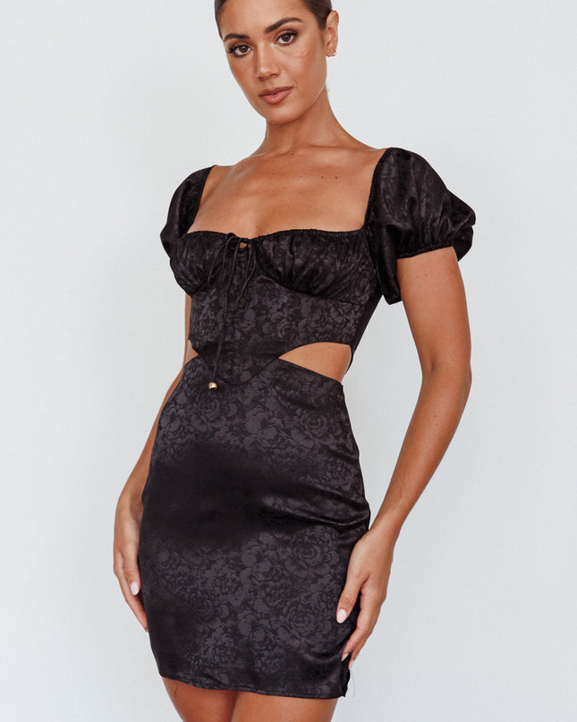 Black Puff Sleeve Jacquard Mini Dress