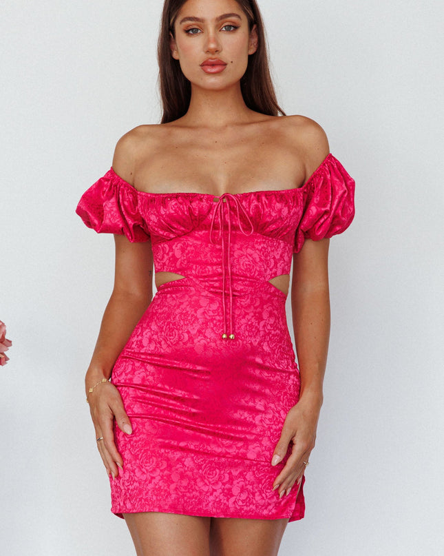 Hot Pink Puff Sleeve Jacquard Mini Dress