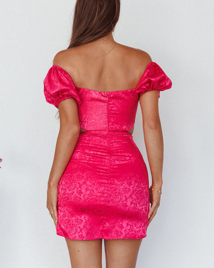 Hot Pink Puff Sleeve Jacquard Mini Dress
