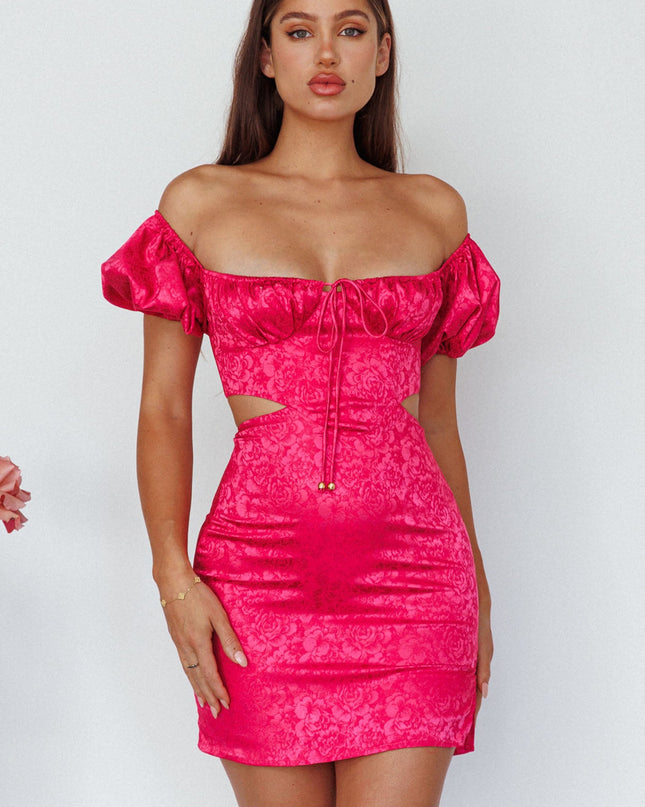 Hot Pink Puff Sleeve Jacquard Mini Dress