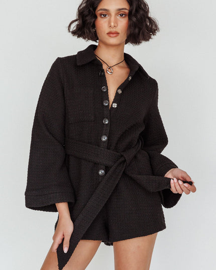 Black Long Sleeve Knit Romper