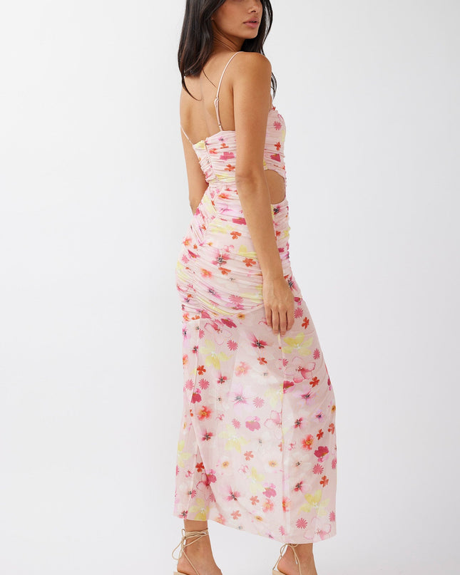 Pink Ruched Mesh Midi Dress Floral