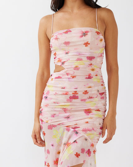 Pink Ruched Mesh Midi Dress Floral