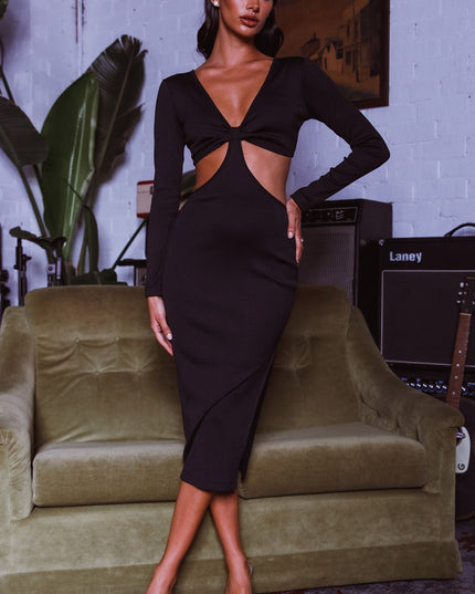 Black Long Sleeve Cut-Out Waist Side Split Midi Dress