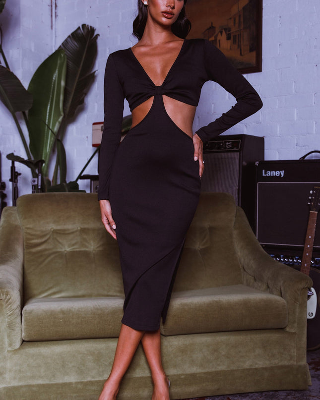 Black Long Sleeve Cut-Out Waist Side Split Midi Dress