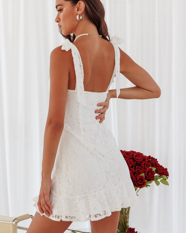 White Bow Shoulder Lace Mini Dress