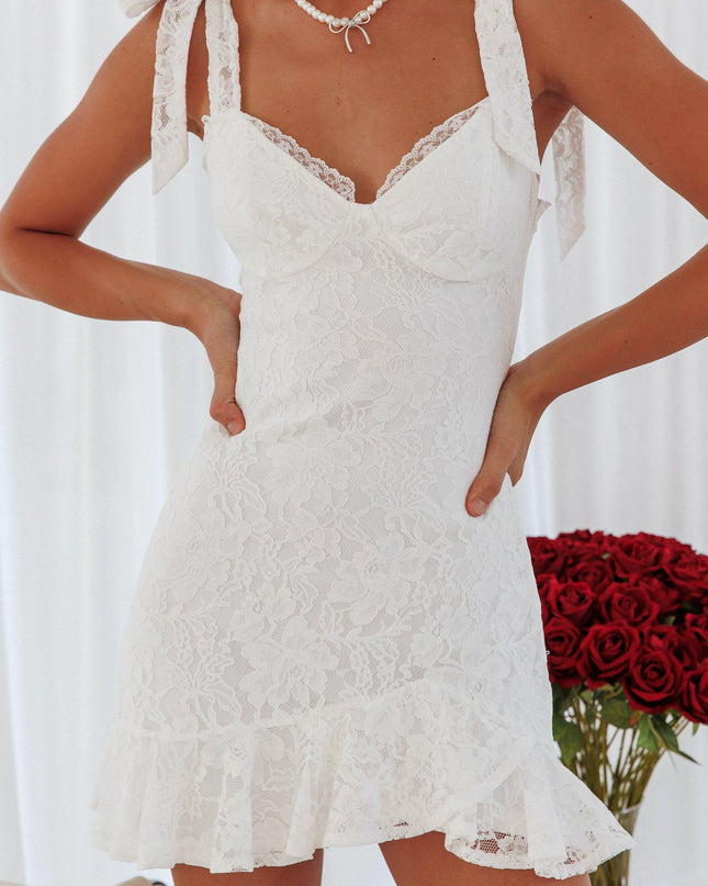 White Bow Shoulder Lace Mini Dress