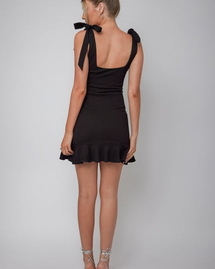 Black Bow Shoulder Ruffle Mini Dress