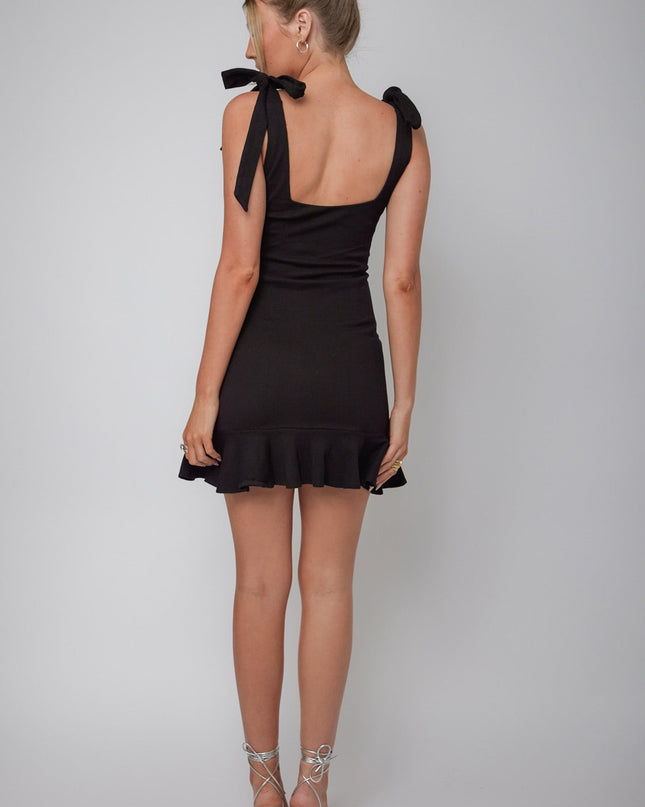 Black Bow Shoulder Ruffle Mini Dress