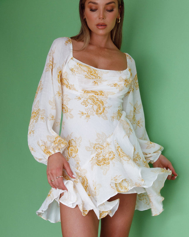 Yellow Long Sleeve Cowl Neckline Ruffle Mini Dress Floral