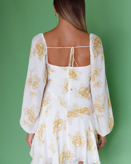 Yellow Long Sleeve Cowl Neckline Ruffle Mini Dress Floral