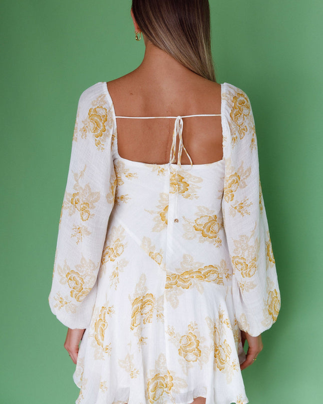 Yellow Long Sleeve Cowl Neckline Ruffle Mini Dress Floral