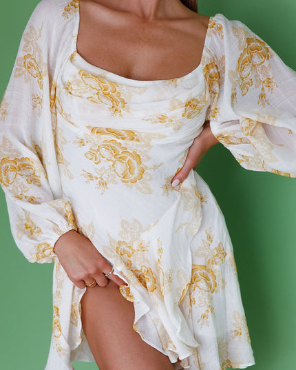 Yellow Long Sleeve Cowl Neckline Ruffle Mini Dress Floral