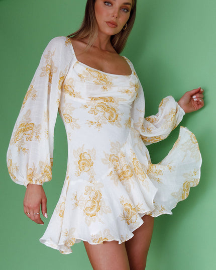 Yellow Long Sleeve Cowl Neckline Ruffle Mini Dress Floral