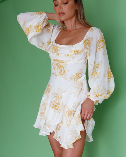 Yellow Long Sleeve Cowl Neckline Ruffle Mini Dress Floral