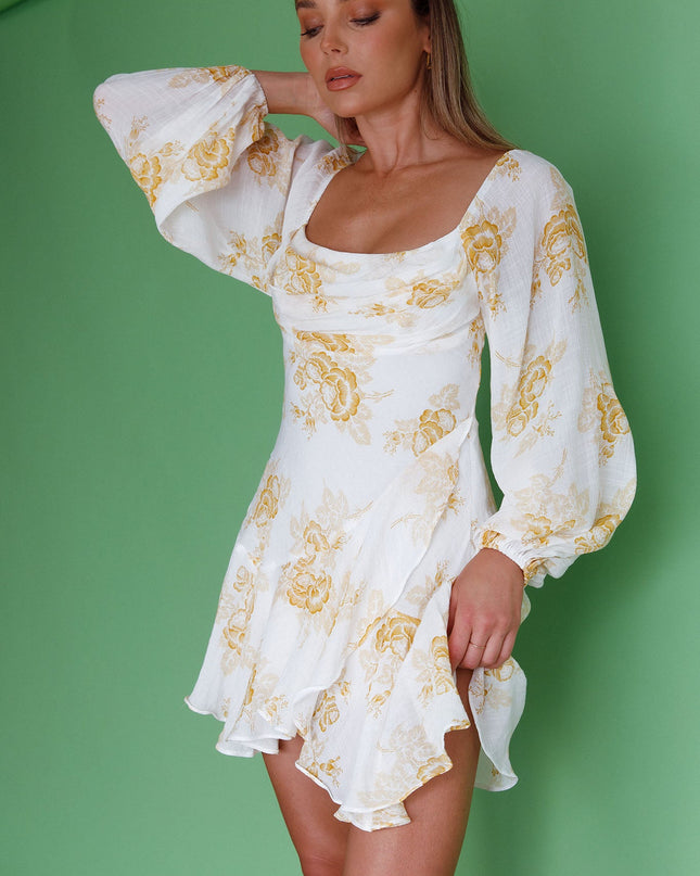 Yellow Long Sleeve Cowl Neckline Ruffle Mini Dress Floral