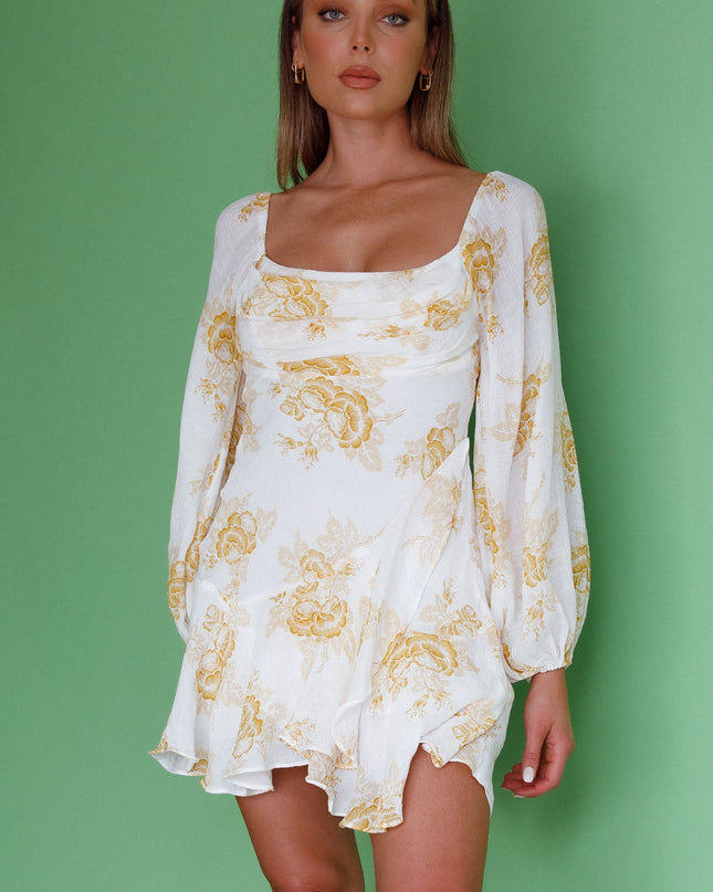 Yellow Long Sleeve Cowl Neckline Ruffle Mini Dress Floral