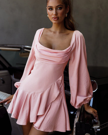 Blush Long Sleeve Cowl Neckline Ruffle Satin Mini Dress