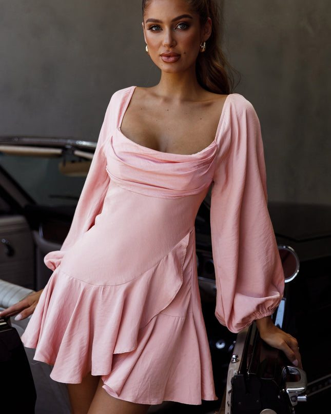 Blush Long Sleeve Cowl Neckline Ruffle Satin Mini Dress