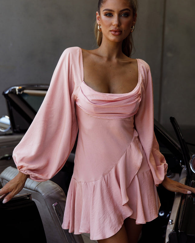 Blush Long Sleeve Cowl Neckline Ruffle Satin Mini Dress